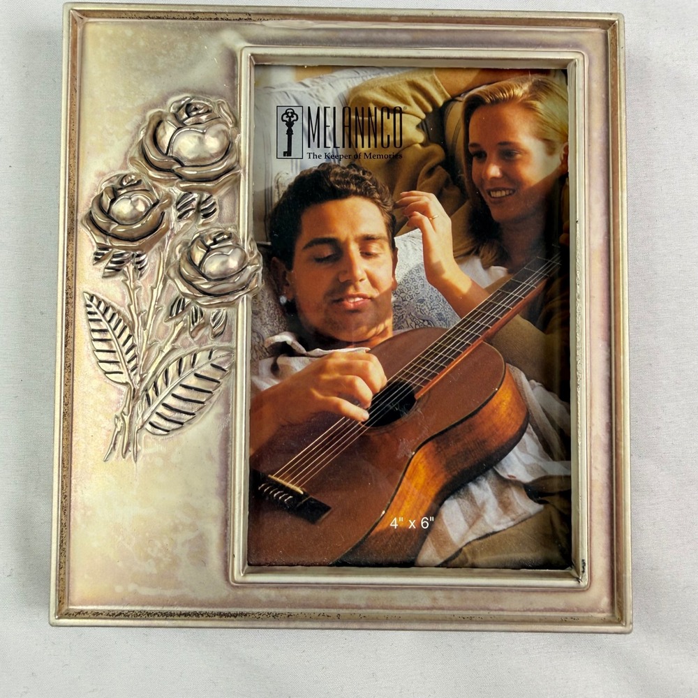 Melannco Silver Rose Picture Frame 4x6 Floral 3D Relief Vintage Tabletop Decor
